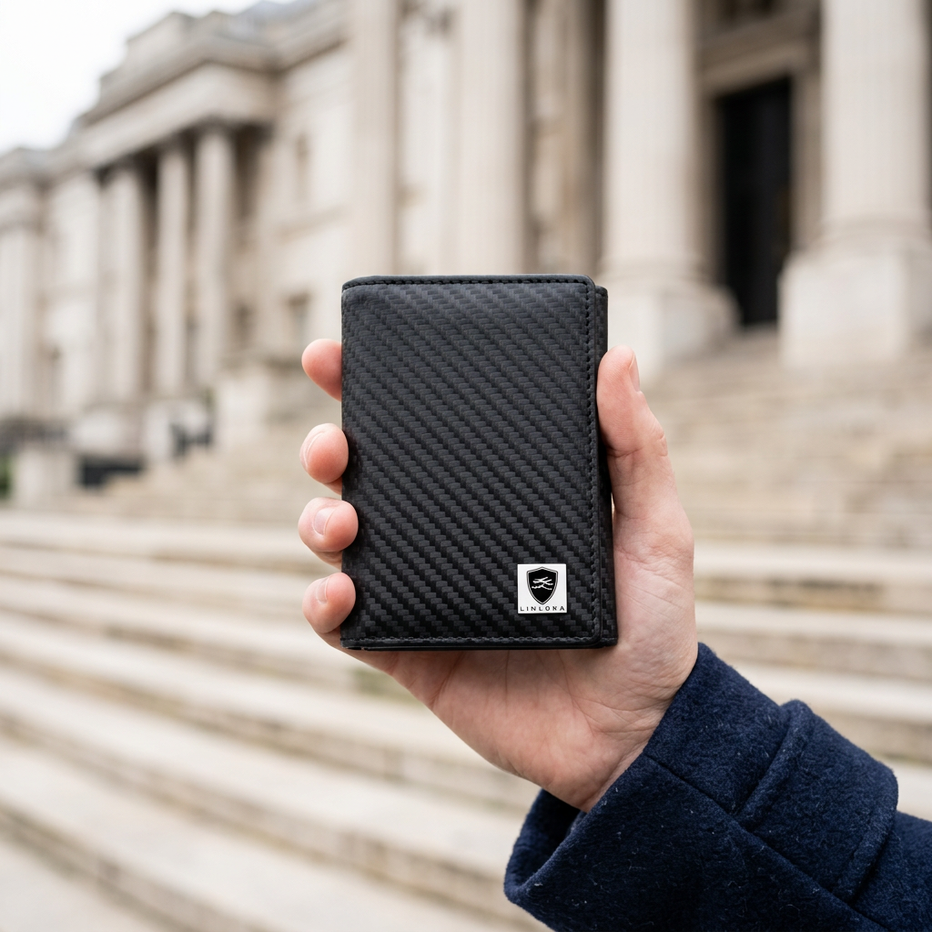 Man holding the LIVLOKO London carbon fibre RFID trifold wallet, London