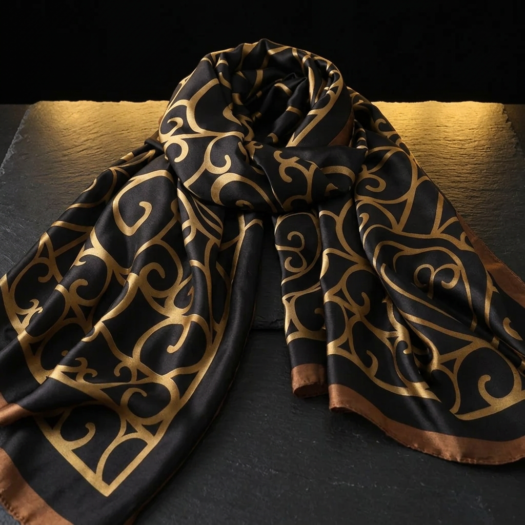 Celtic black and gold satin scarf for women with gold scroll detailing, laid flat on dark slate