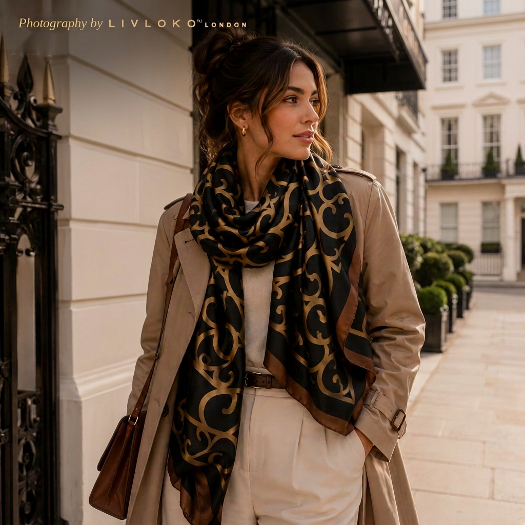 Woman wearing the LIVLOKO London Celtic black and gold satin scarf in London