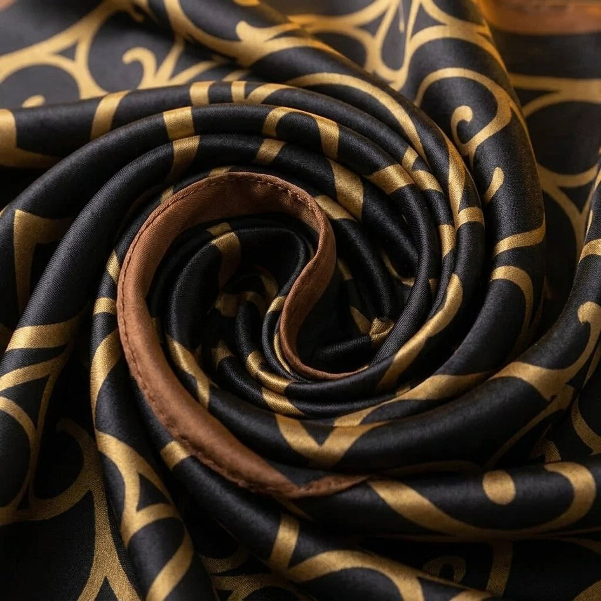 Close-up of the black and gold satin scarf swirled to show the gold scroll detailing