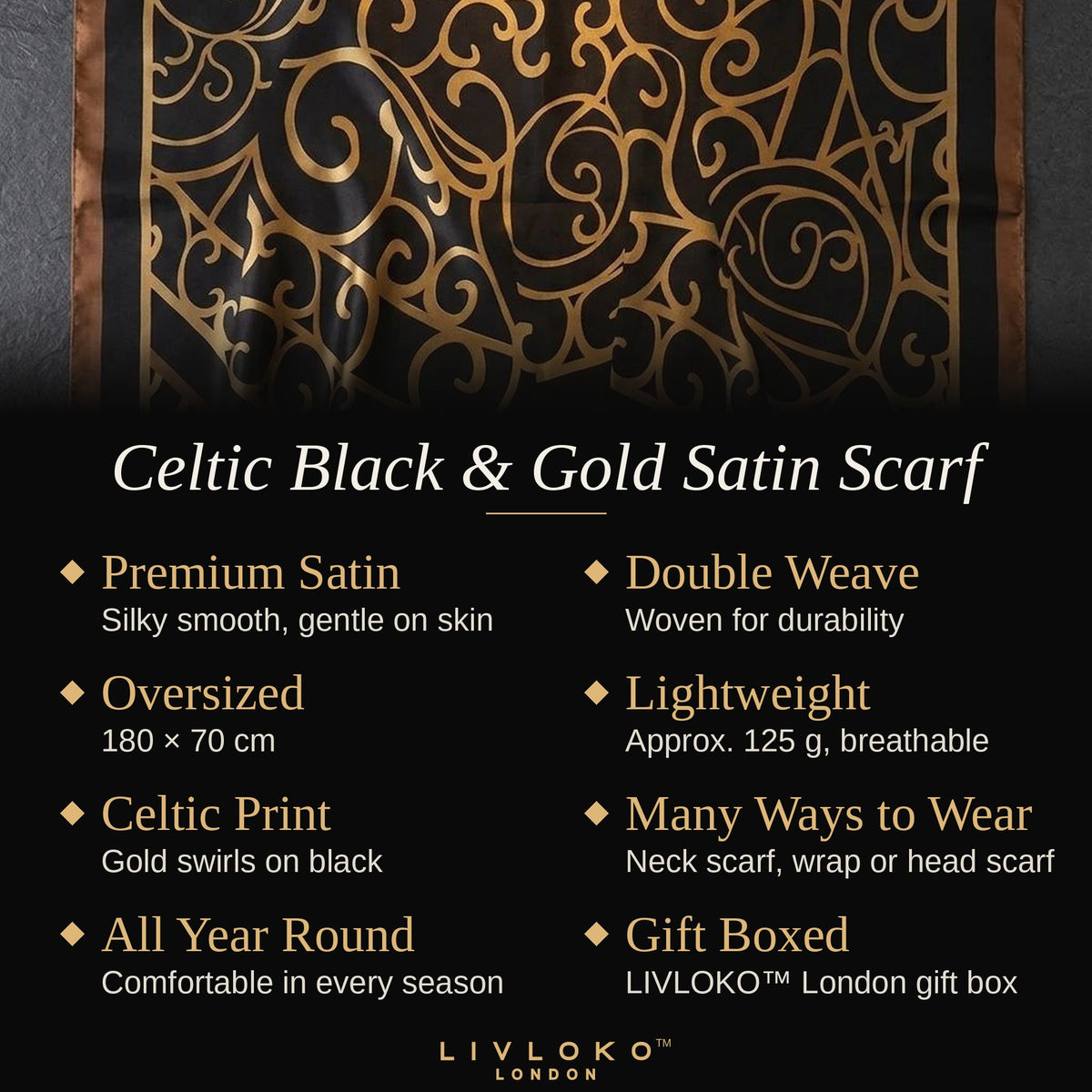 Key features of the Celtic black and gold satin scarf: premium satin, double weave, 180 × 70 cm, gift boxed