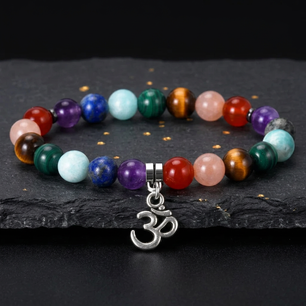 Chakra crystal bracelet with Om pendant for women, colourful stone bead bracelet by Livloko London