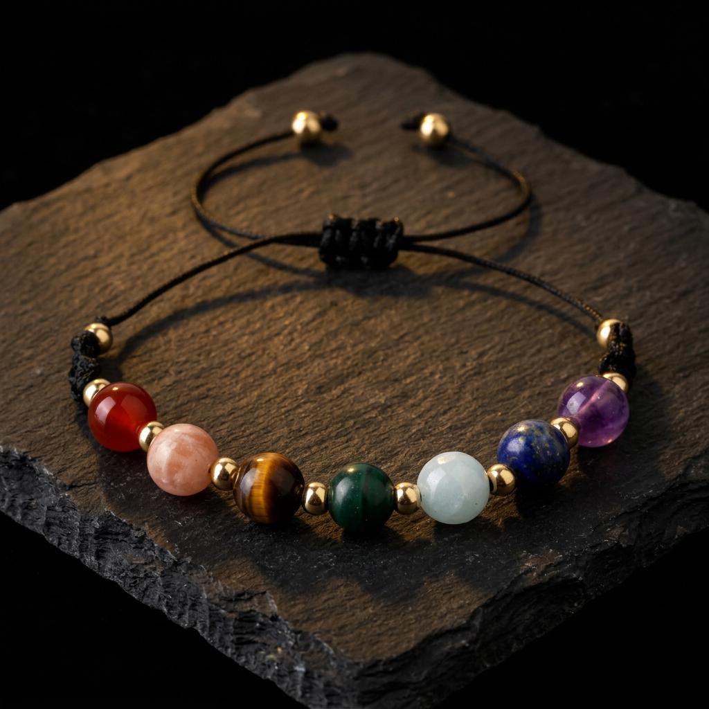 Chakra crystal cord bracelet for women with seven multicoloured crystal beads on an adjustable black cord by Livloko London