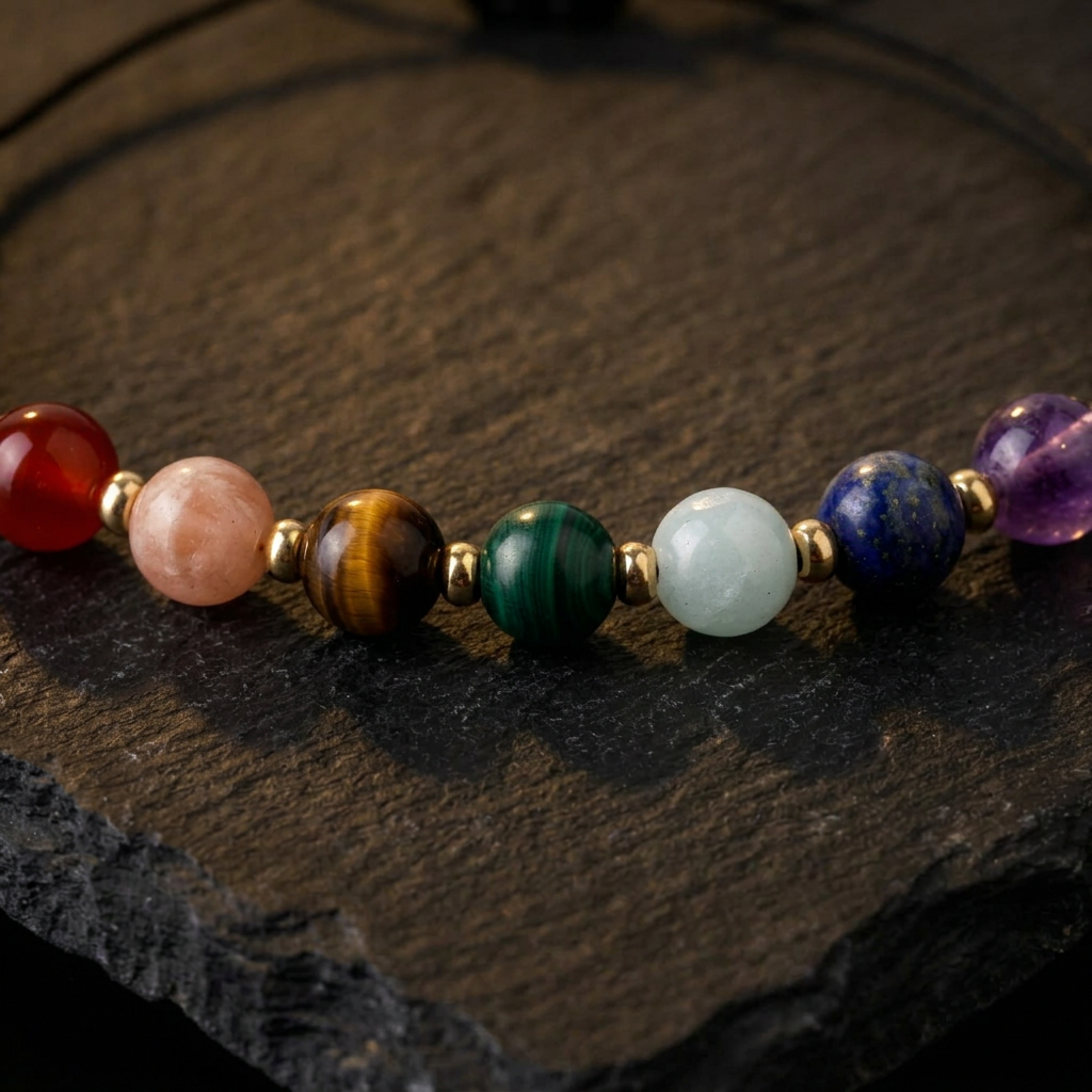 Close-up of the seven chakra colour crystal beads and gold plated spacers on the Livloko London cord bracelet