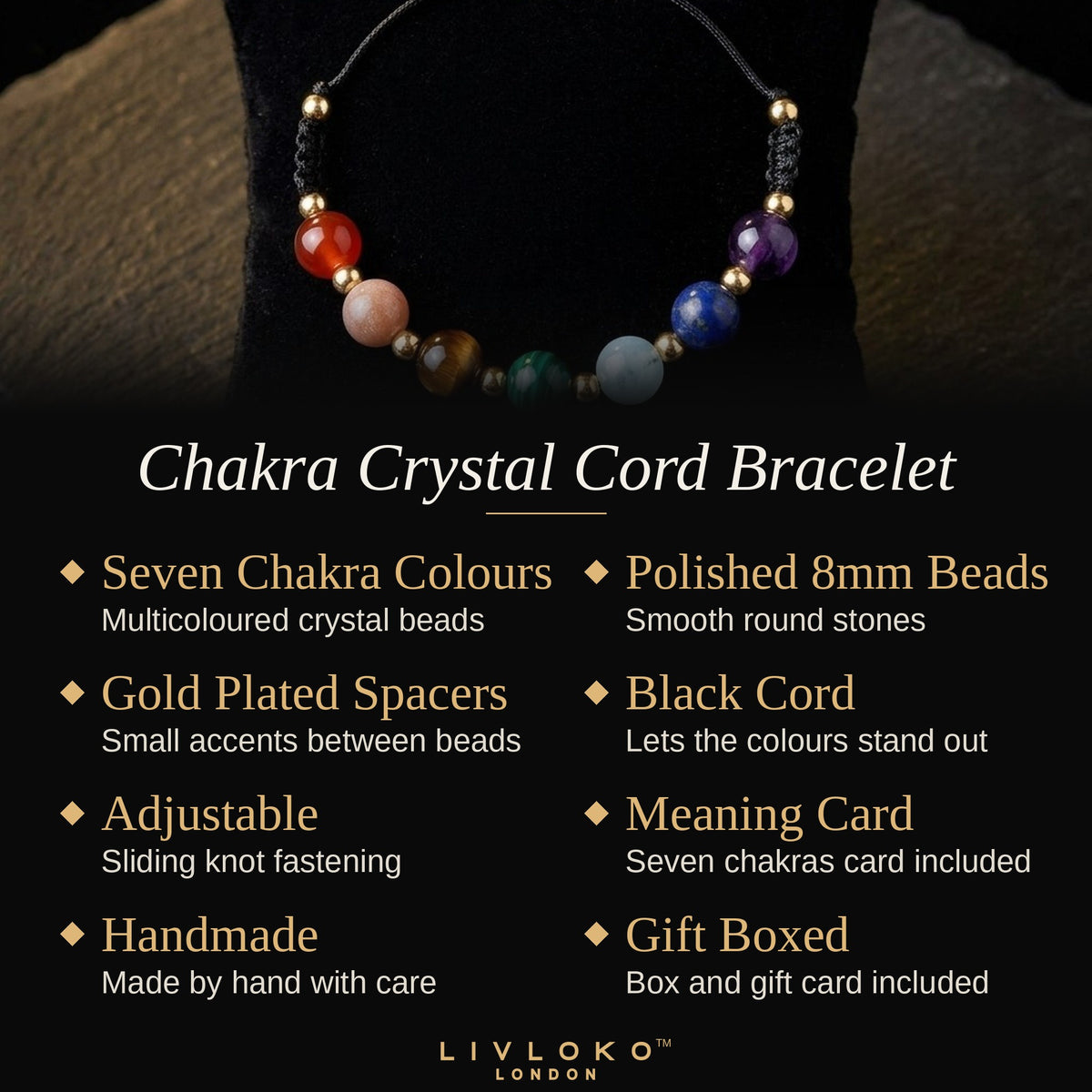 Key features of the Livloko London chakra crystal cord bracelet: adjustable cord, meaning card, gift boxed