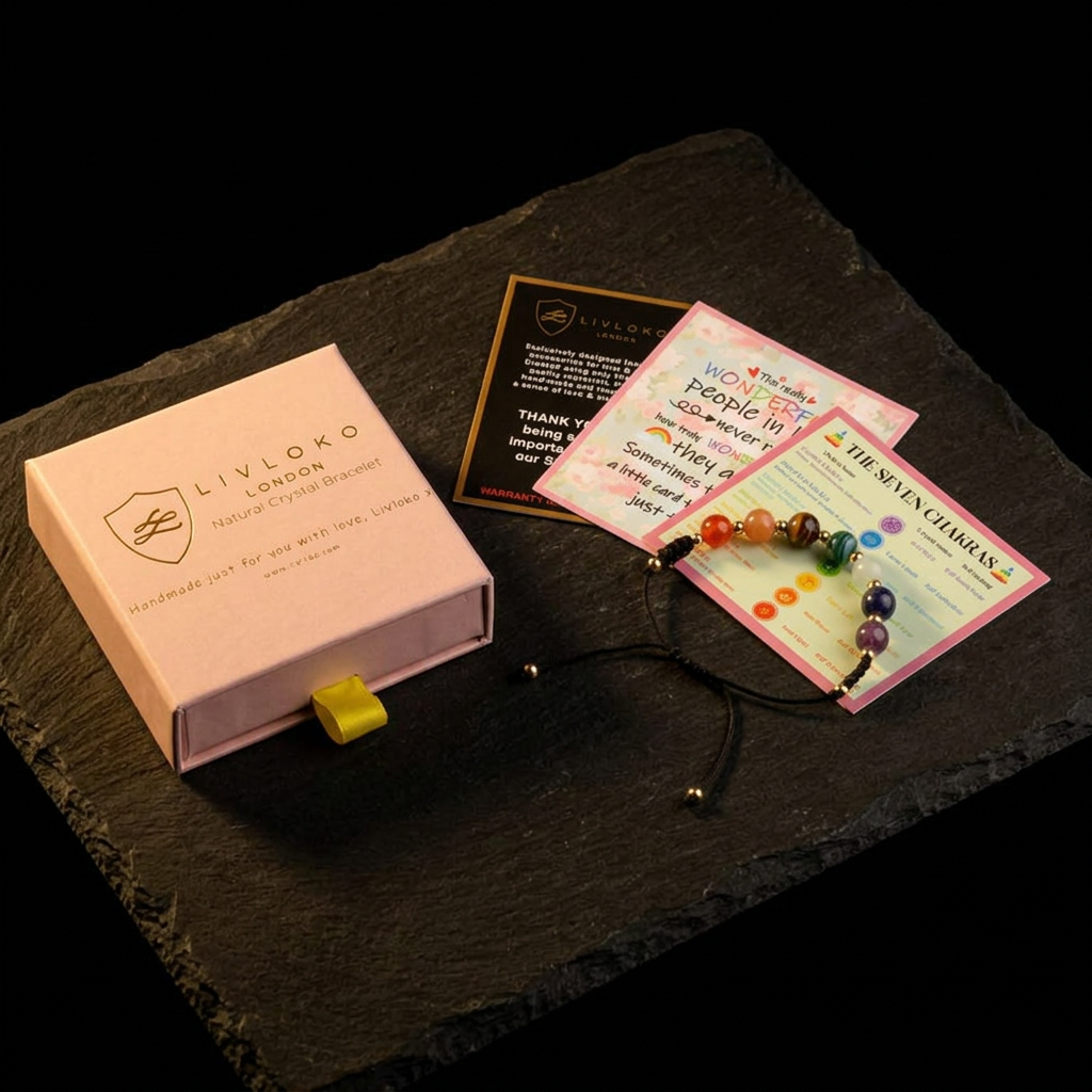 Livloko London chakra bracelet gift box with seven chakras meaning card and gift card, a ready-to-give gift for her