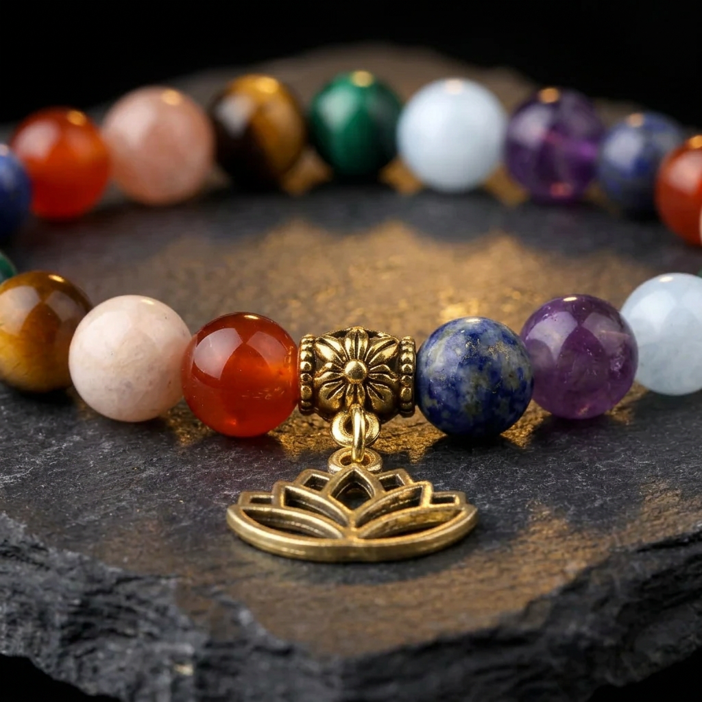 Close-up of the multicoloured chakra stone beads and gold lotus charm on the Livloko London bracelet