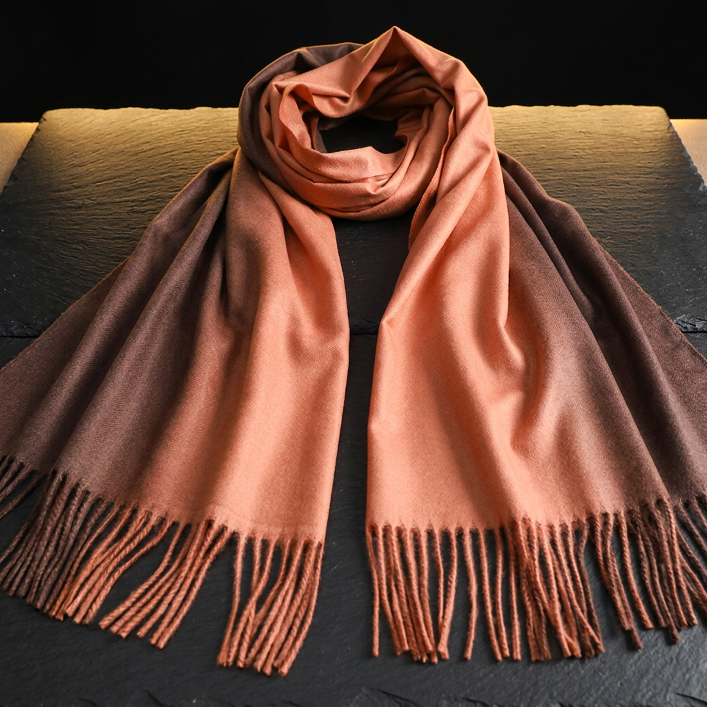 Cinnamon and brown ombre pashmina shawl with tassel fringe, laid flat on dark slate