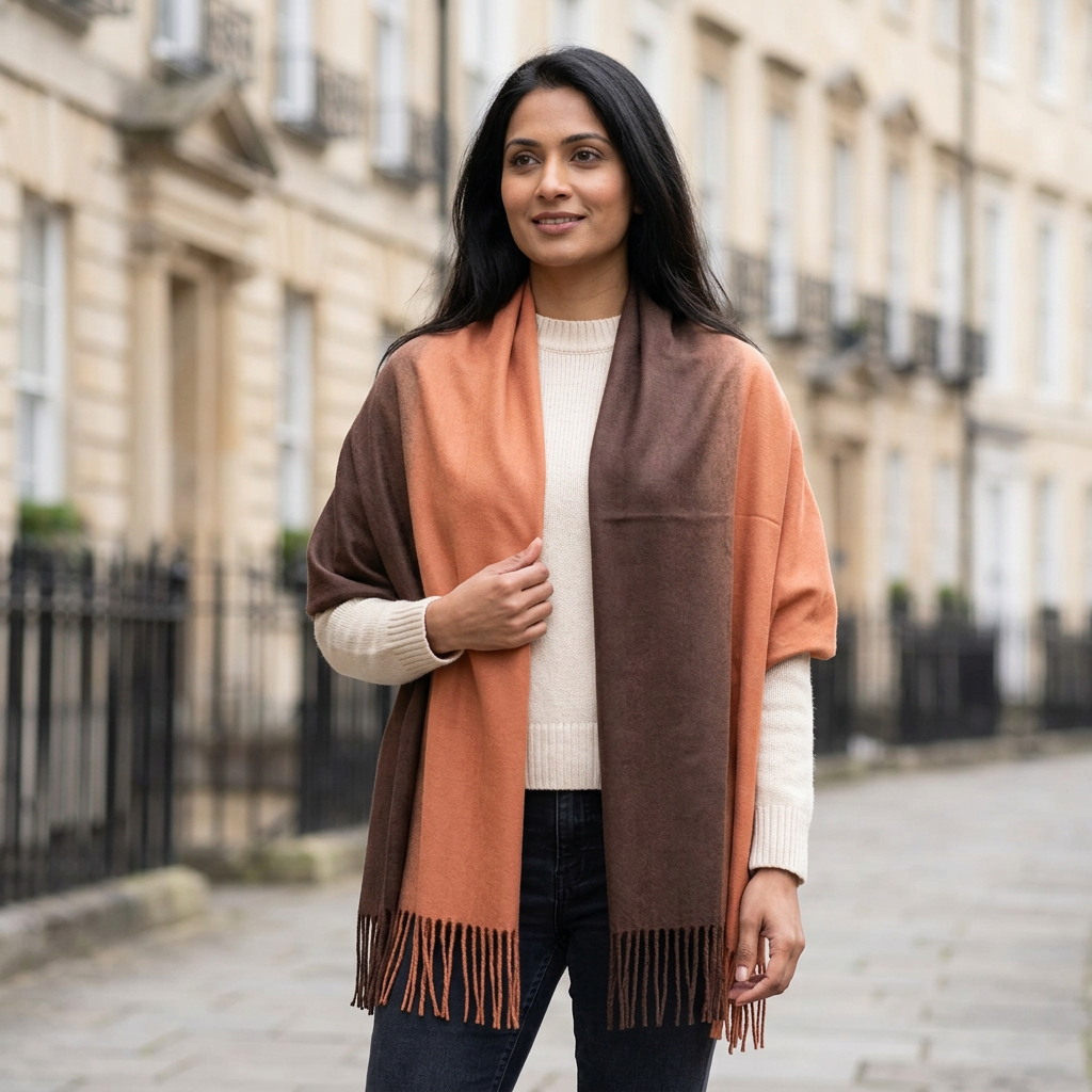 Woman wearing the Livloko London cinnamon and brown pashmina shawl, 200 x 70 cm, draped over her shoulders