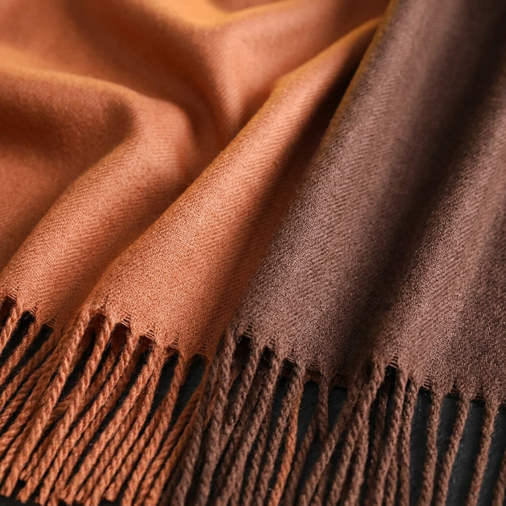 Close-up of the Livloko London cinnamon and brown pashmina shawl showing the woven fabric and tassel fringe
