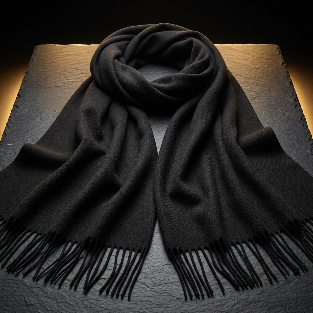 Classic black pashmina shawl wrap for women with fringed ends, 200 x 80 cm, laid flat on dark slate