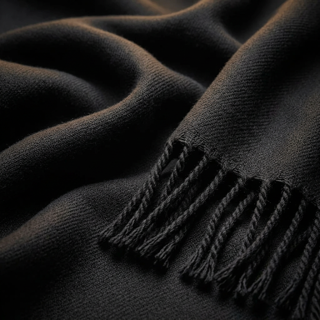 Close-up of the Livloko London classic black pashmina shawl wrap showing the woven fabric and tassel fringe