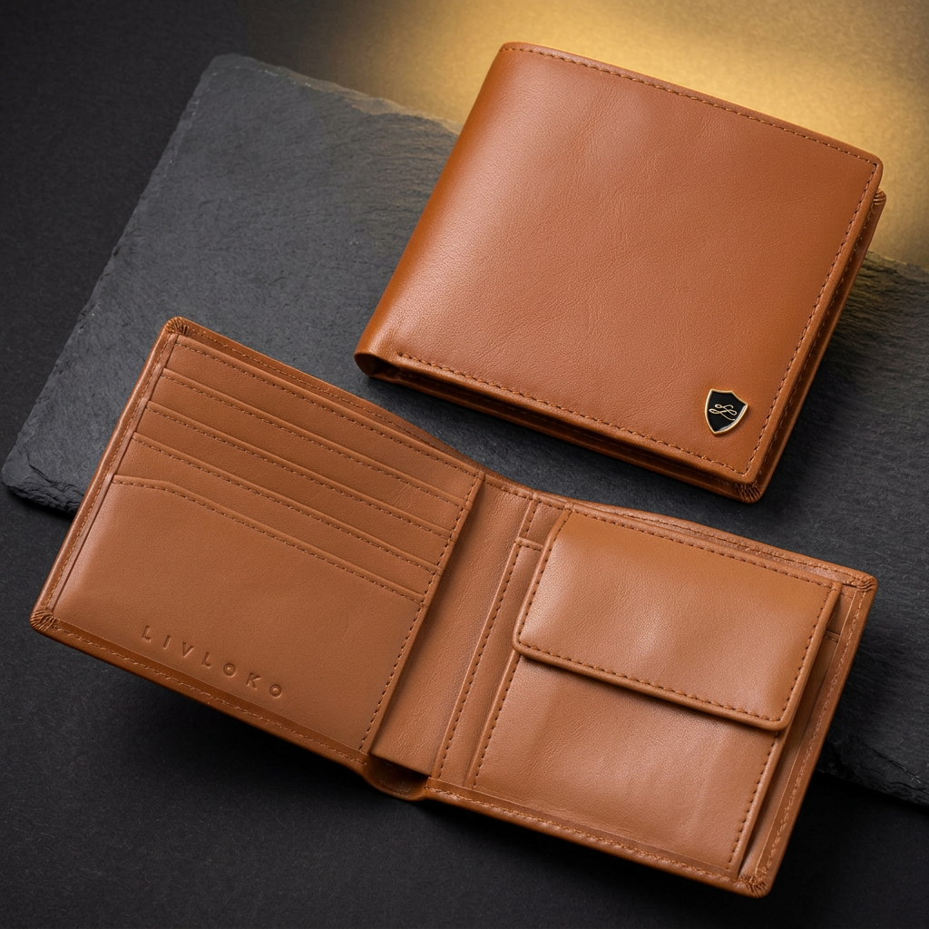 LIVLOKO London men's tan genuine leather wallet with coin pocket, open and closed on dark slate
