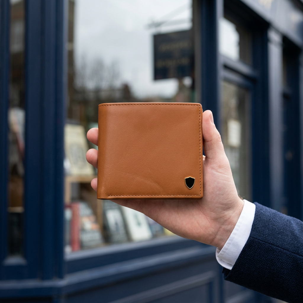 Man holding the LIVLOKO London tan genuine leather wallet, London