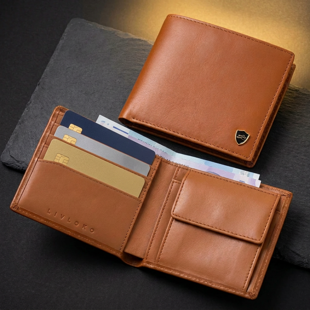 LIVLOKO London tan leather wallet open in use with cards, banknotes and coin pocket