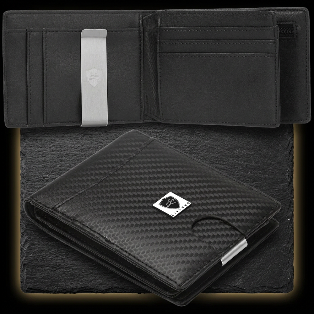 LIVLOKO London men's slim black RFID billfold wallet with money clip, shown open and closed on dark slate