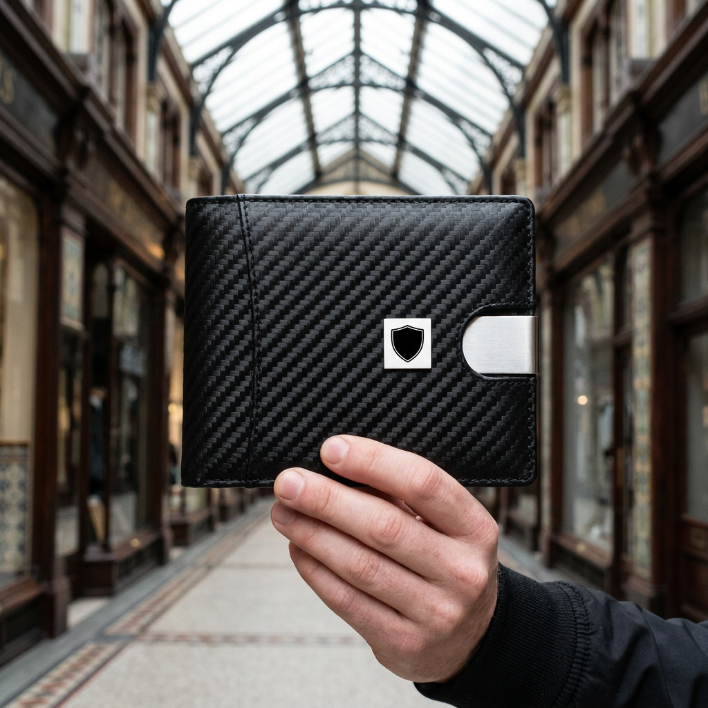 Man holding the LIVLOKO London slim black carbon fibre wallet with money clip, London arcade