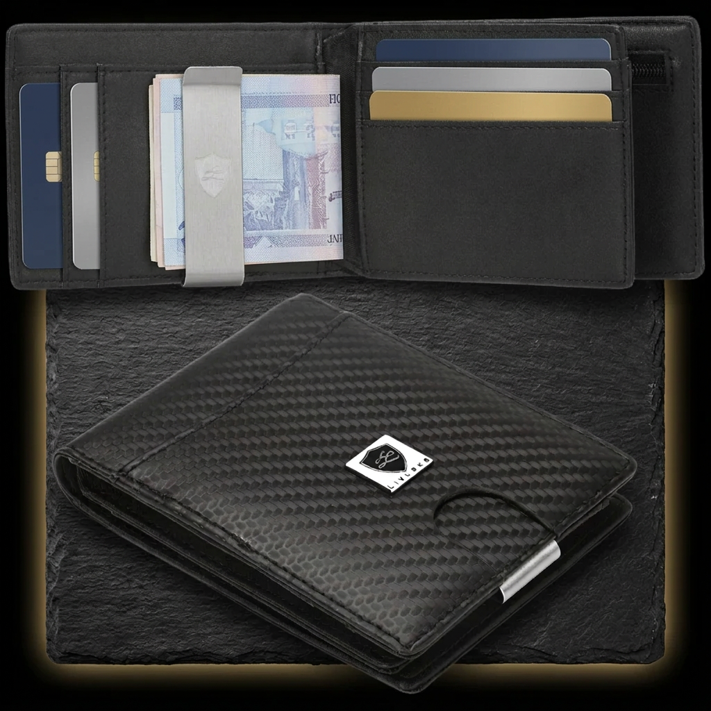 LIVLOKO London slim black money clip wallet open in use with cards and banknotes under the clip