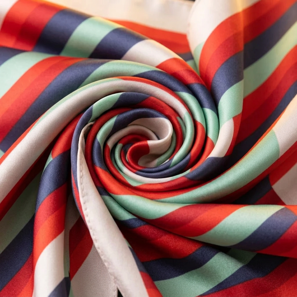 Close-up of the Livloko London designer silk square scarf in blue, red and green showing the silk sheen