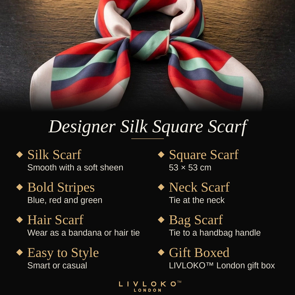 Key features of the Livloko London designer silk square scarf in blue, red and green, 53 x 53 cm