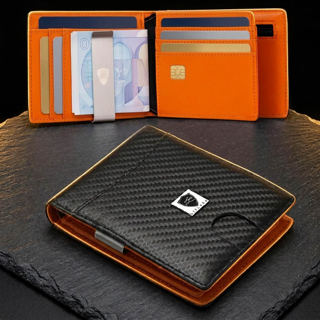 LIVLOKO London carbon fibre money clip card holder wallet open in use with cards and banknotes under the clip