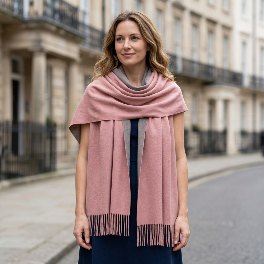 Woman wearing the dusty pink pashmina scarf as a wrap over a navy dress on a London street