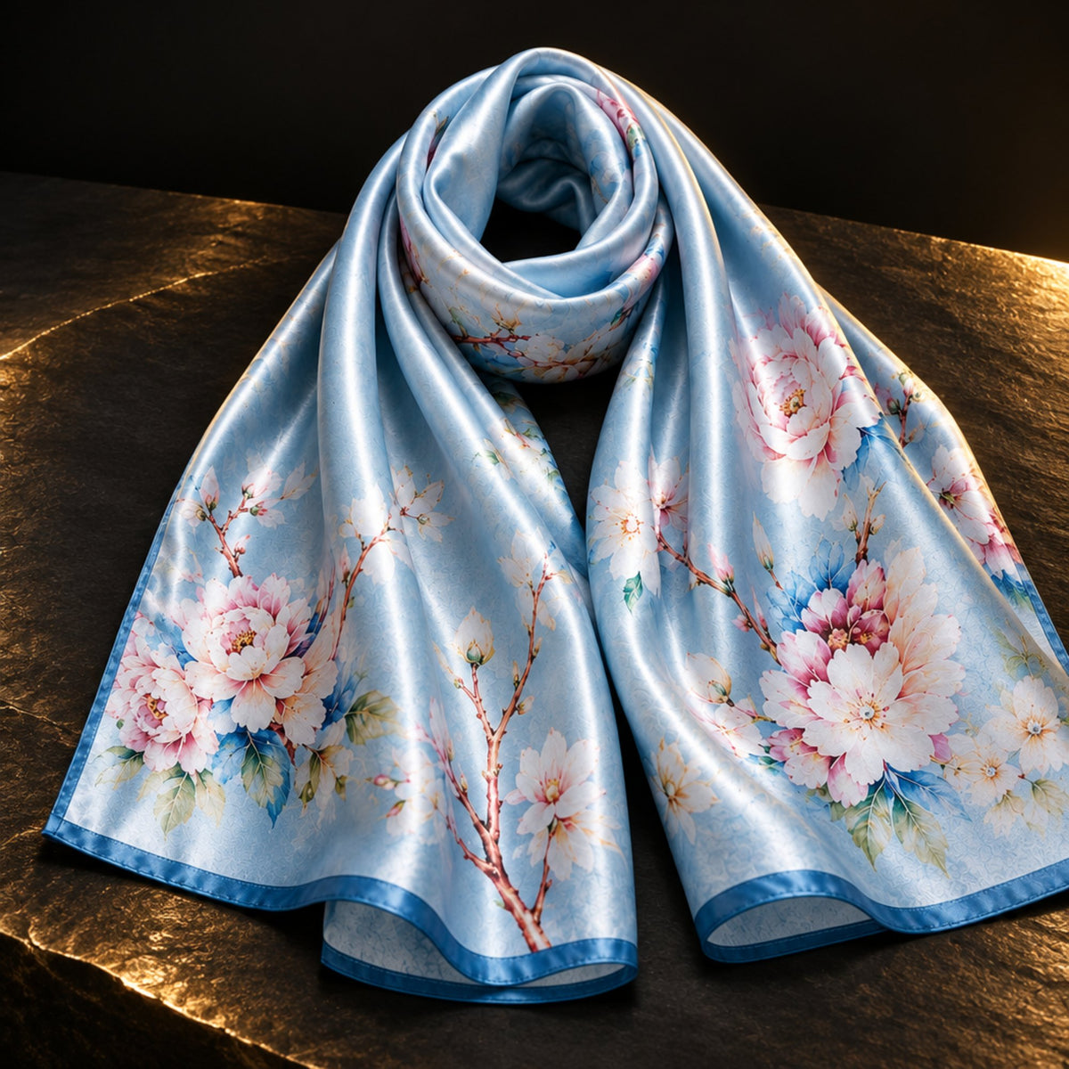 Light blue floral blossom mulberry silk scarf laid on dark slate