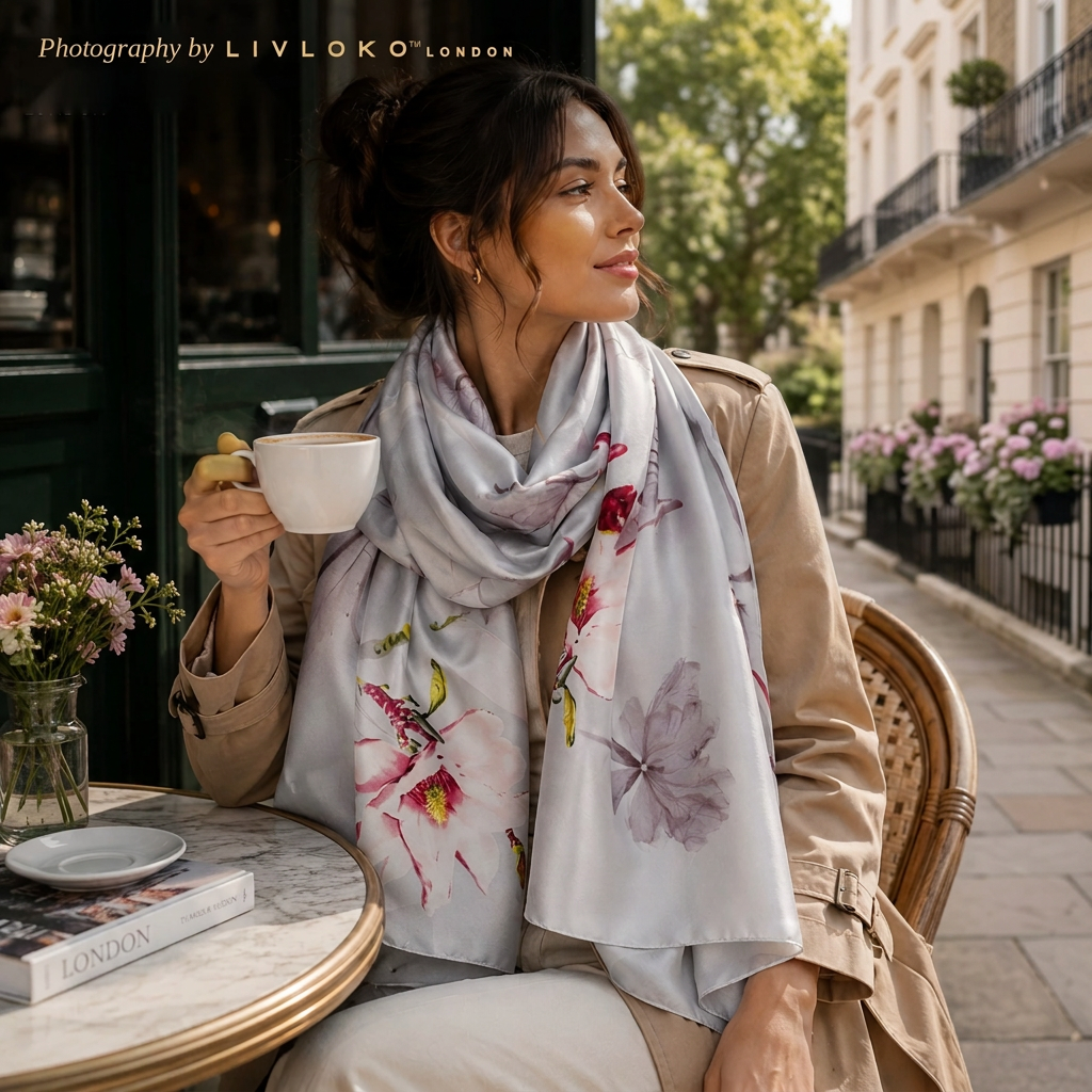 Woman wearing the LIVLOKO London silver floral satin scarf at a London café