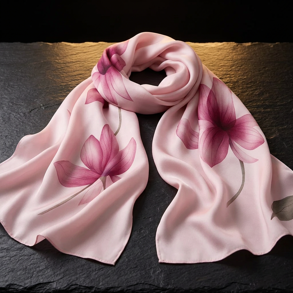 Oriental Rose pink floral satin scarf in red and pink tones, laid flat on dark slate