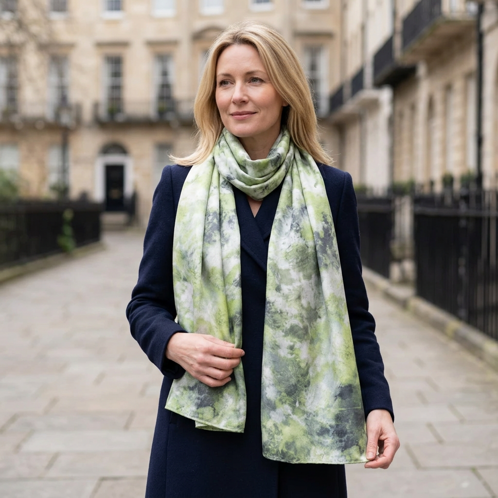 Woman wearing the Livloko London Fruit Trees in Bloom green satin scarf, 180 x 70 cm, over a navy coat in London
