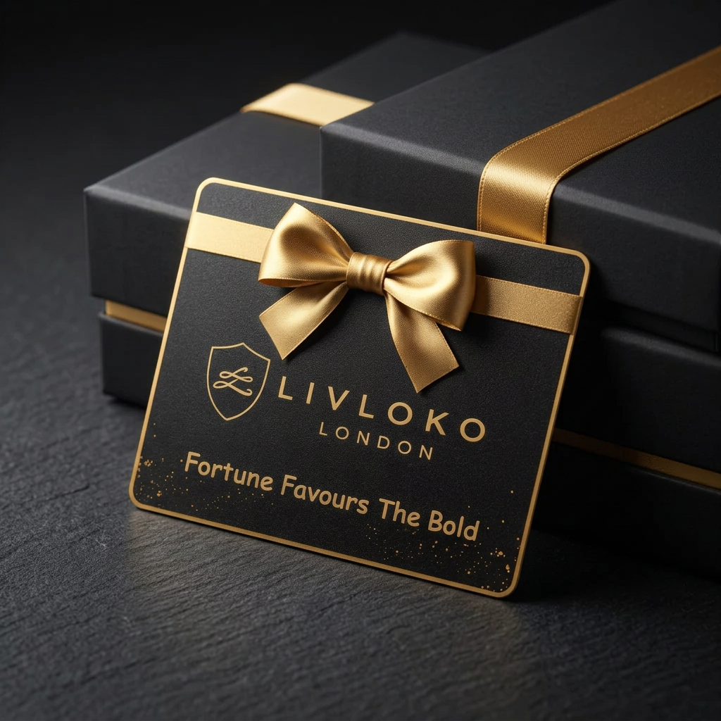 LIVLOKO LONDON gift card with gold bow leaning against a black gift box with gold ribbon