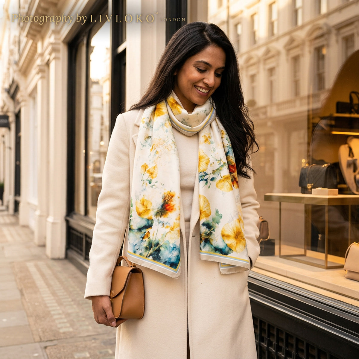 Woman wearing the Golden Bloom cream and gold mulberry silk scarf on a London street, LIVLOKO LONDON