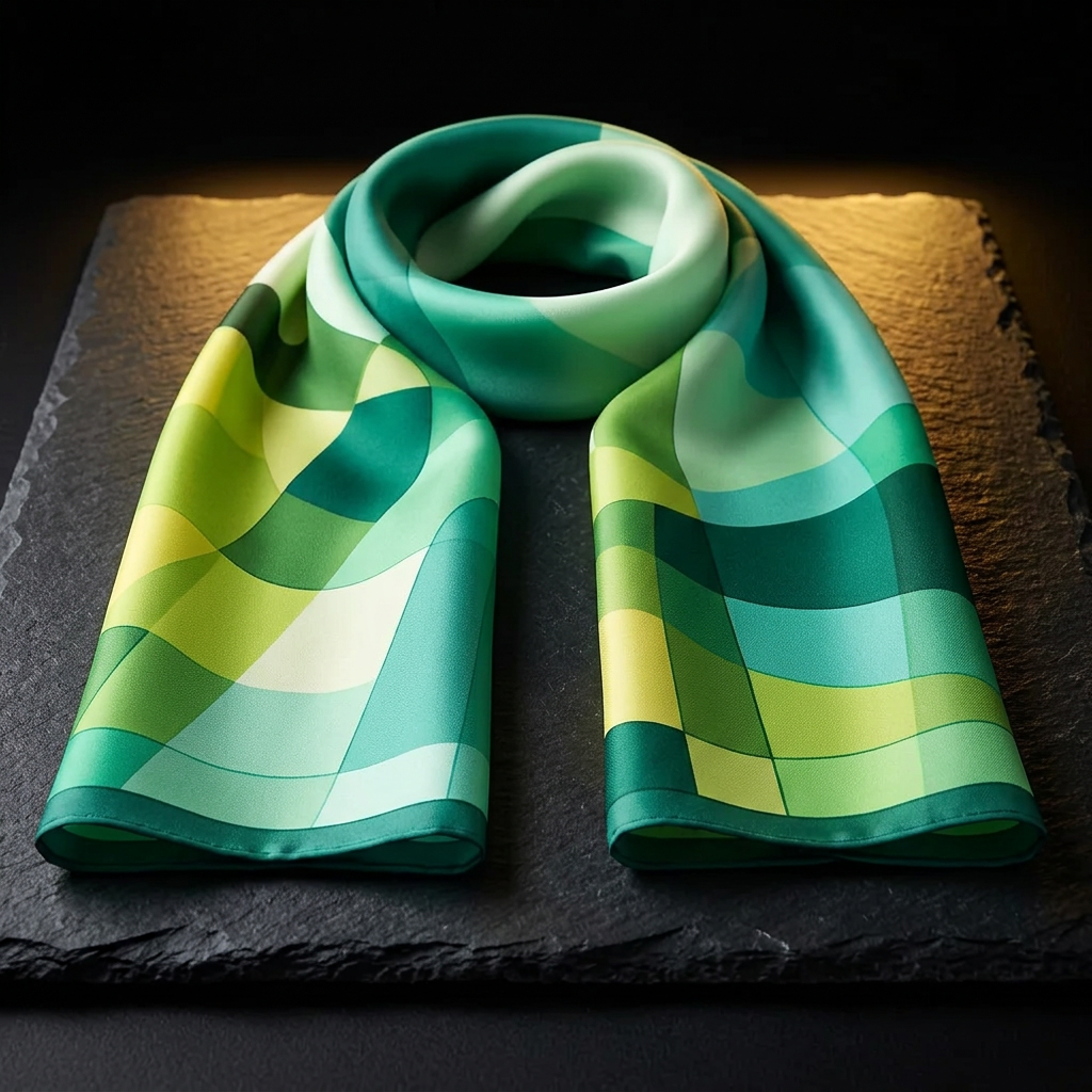 Green and yellow satin scarf for women with large geometric shapes, laid flat on dark slate