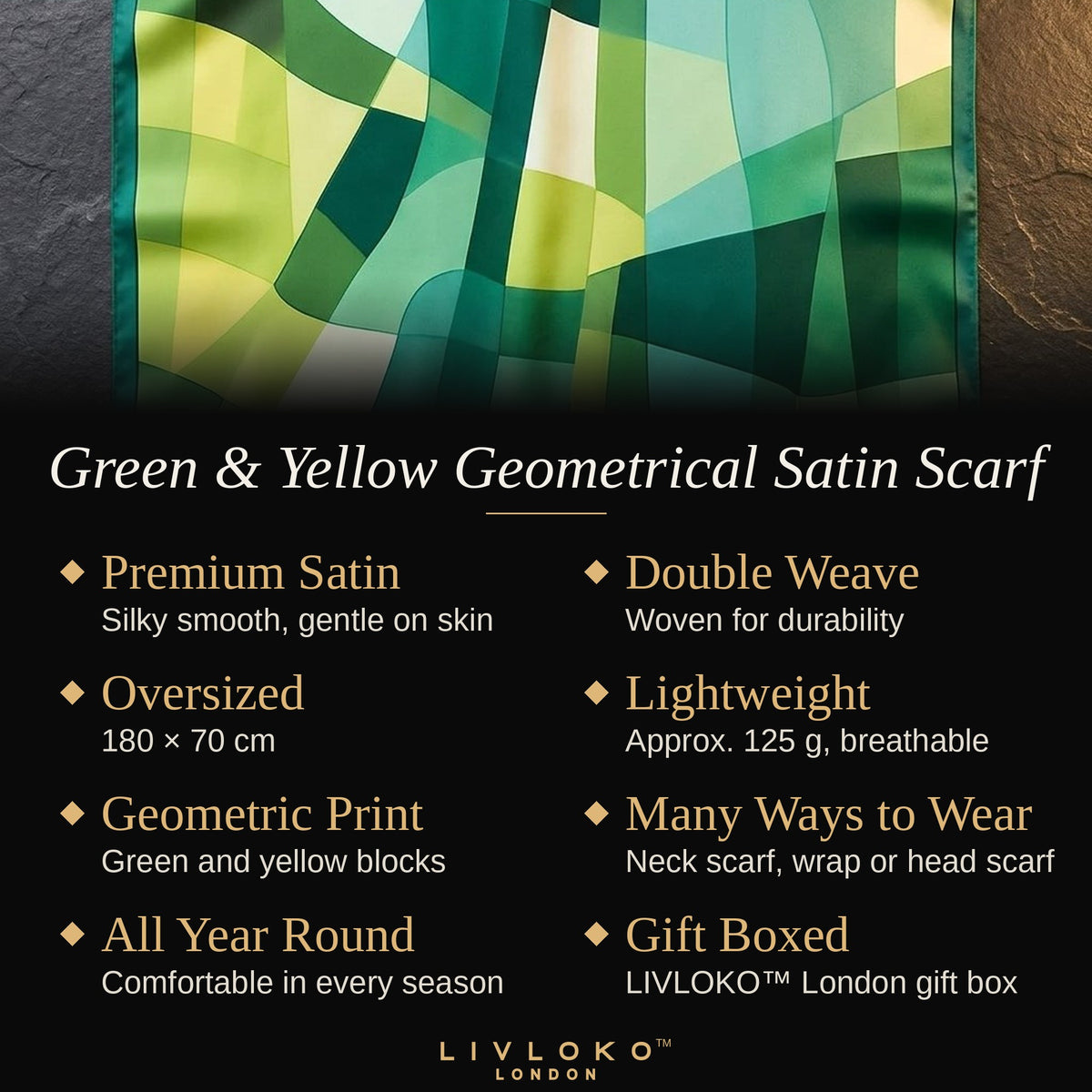 Key features of the green and yellow geometrical satin scarf: premium satin, double weave, 180 × 70 cm, gift boxed