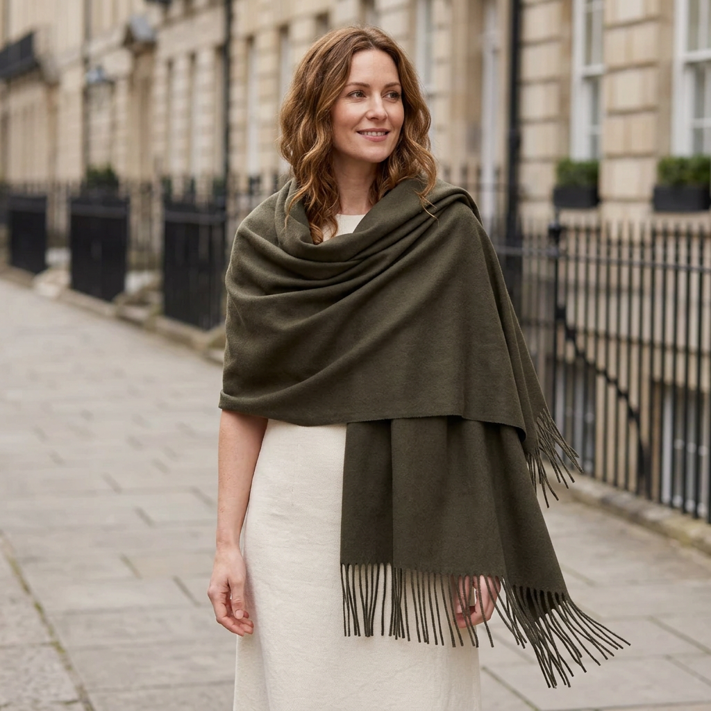 Woman wearing the grey pashmina wrap shawl over her shoulders on a London street, showing its 200 x 80 cm size