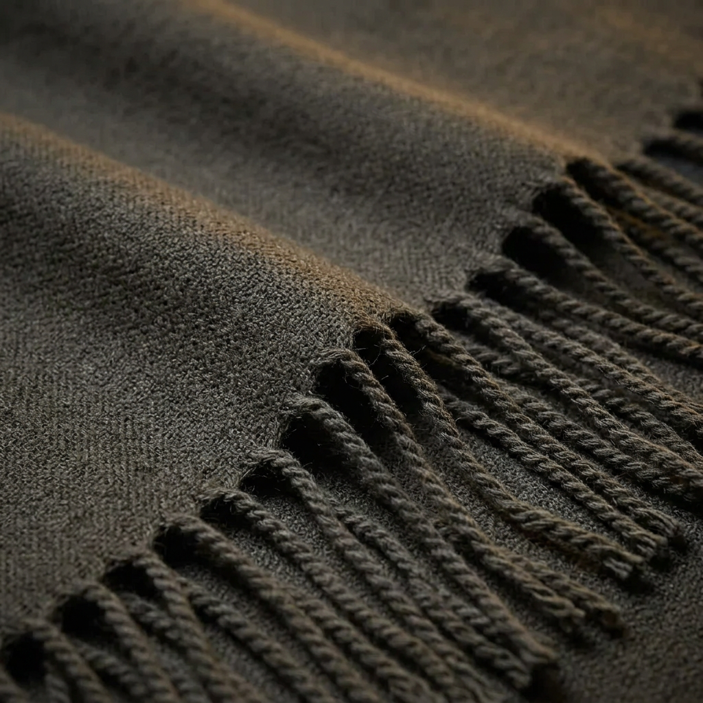 Close-up of the Livloko London grey pashmina wrap shawl showing the woven fabric and tassel fringe