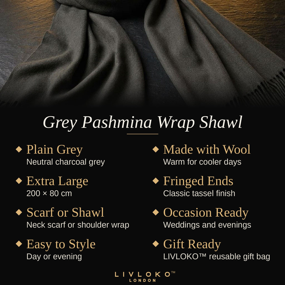 Key features of the Livloko London grey pashmina wrap shawl, 200 x 80 cm