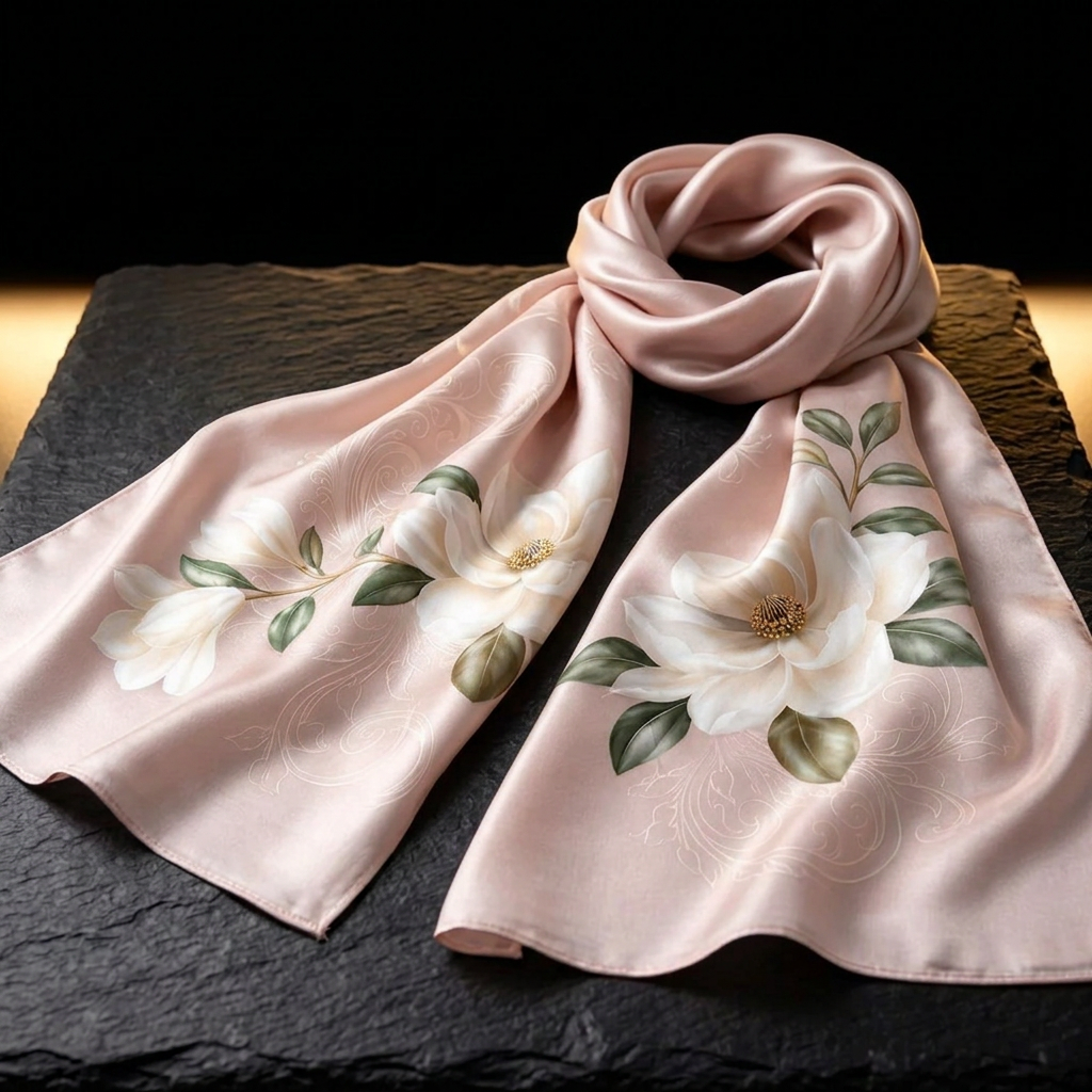 Ivory Magnolia blush pink floral mulberry silk scarf, laid flat on dark slate