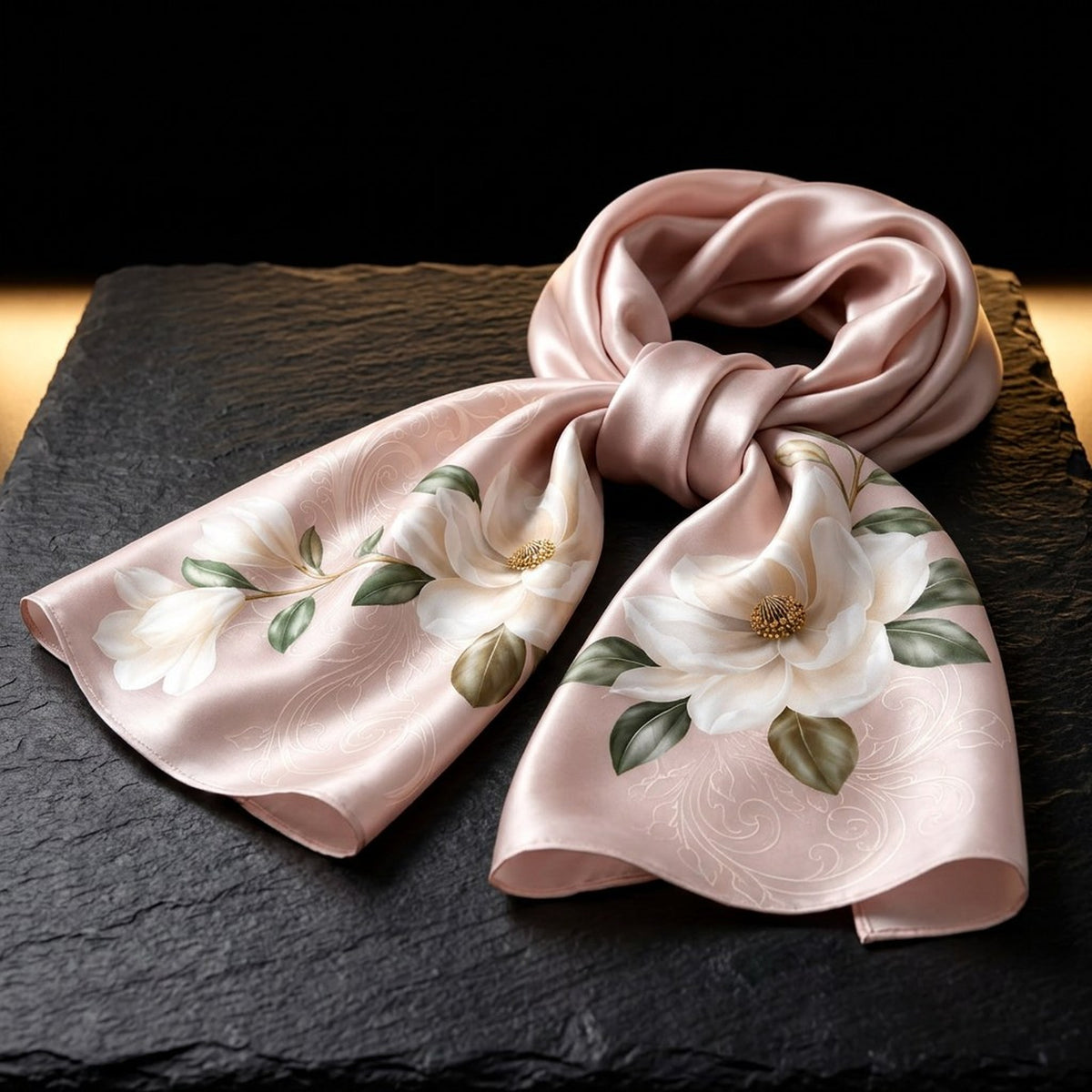 Ivory Magnolia blush pink floral silk scarf for women with pale magnolia flowers, laid on dark slate