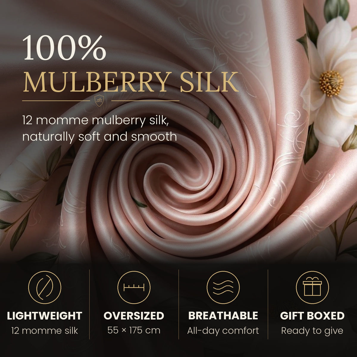 Ivory Magnolia blush pink 100% mulberry silk scarf close-up: 12 momme, lightweight, 55 x 175 cm, breathable, gift boxed