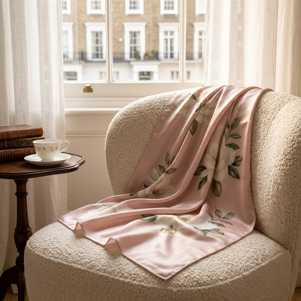 Ivory Magnolia blush pink silk scarf draped over a cream armchair in a London living room
