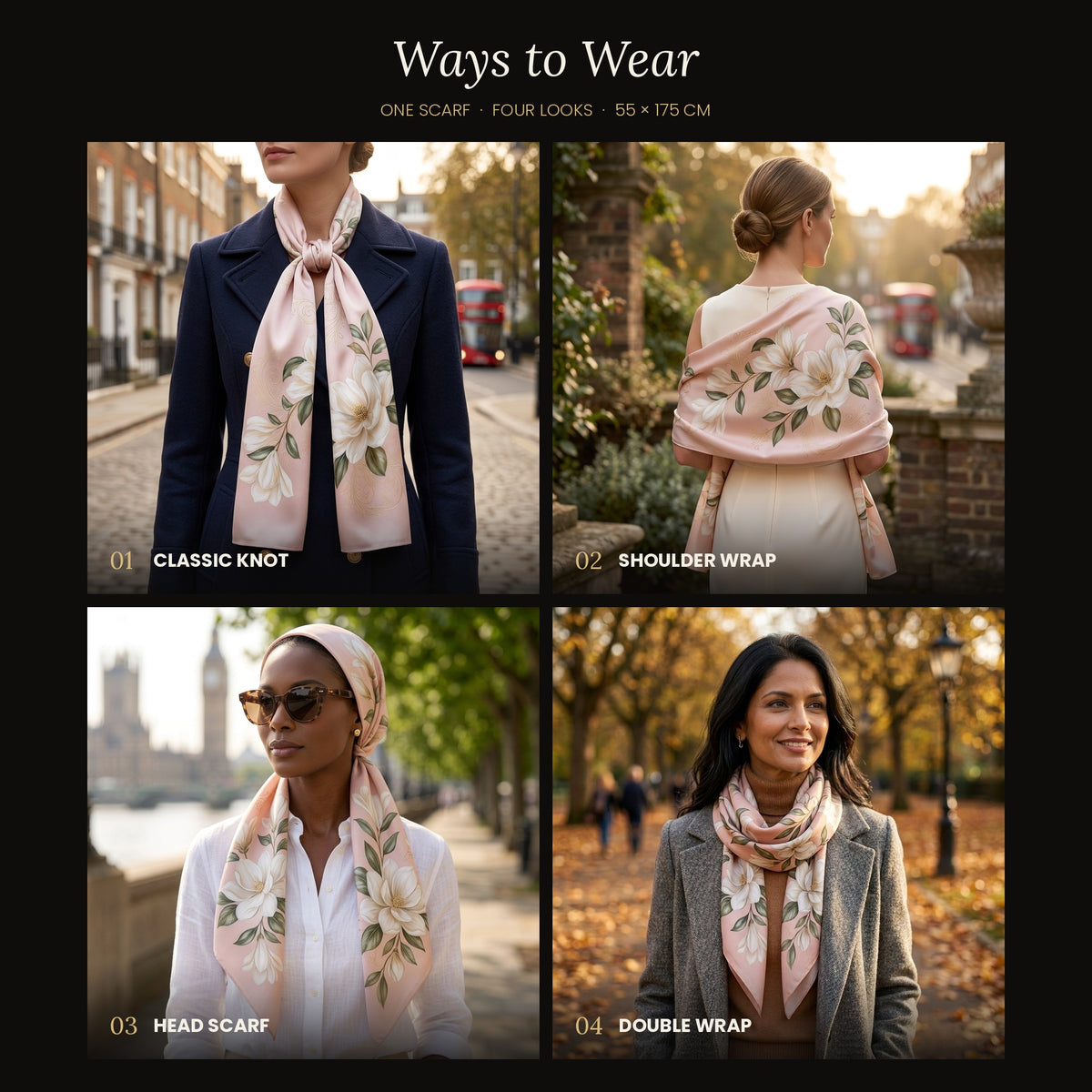 Four ways to wear the Ivory Magnolia silk scarf: classic knot, shoulder wrap, head scarf and double wrap