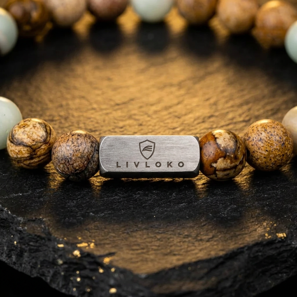 Close-up of the engraved Livloko logo bead and brown jasper stone beads on the bracelet