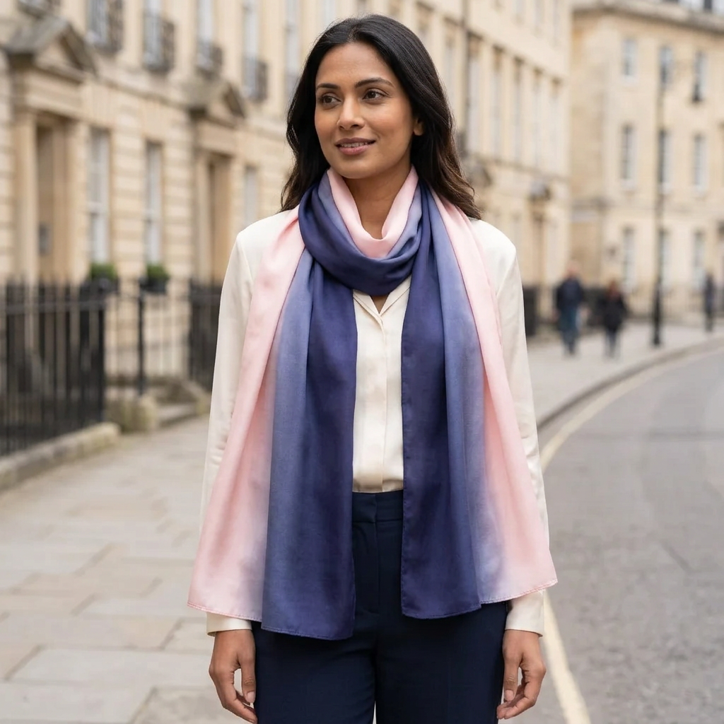 Woman wearing the light pink and navy satin scarf long at the neck on a London street