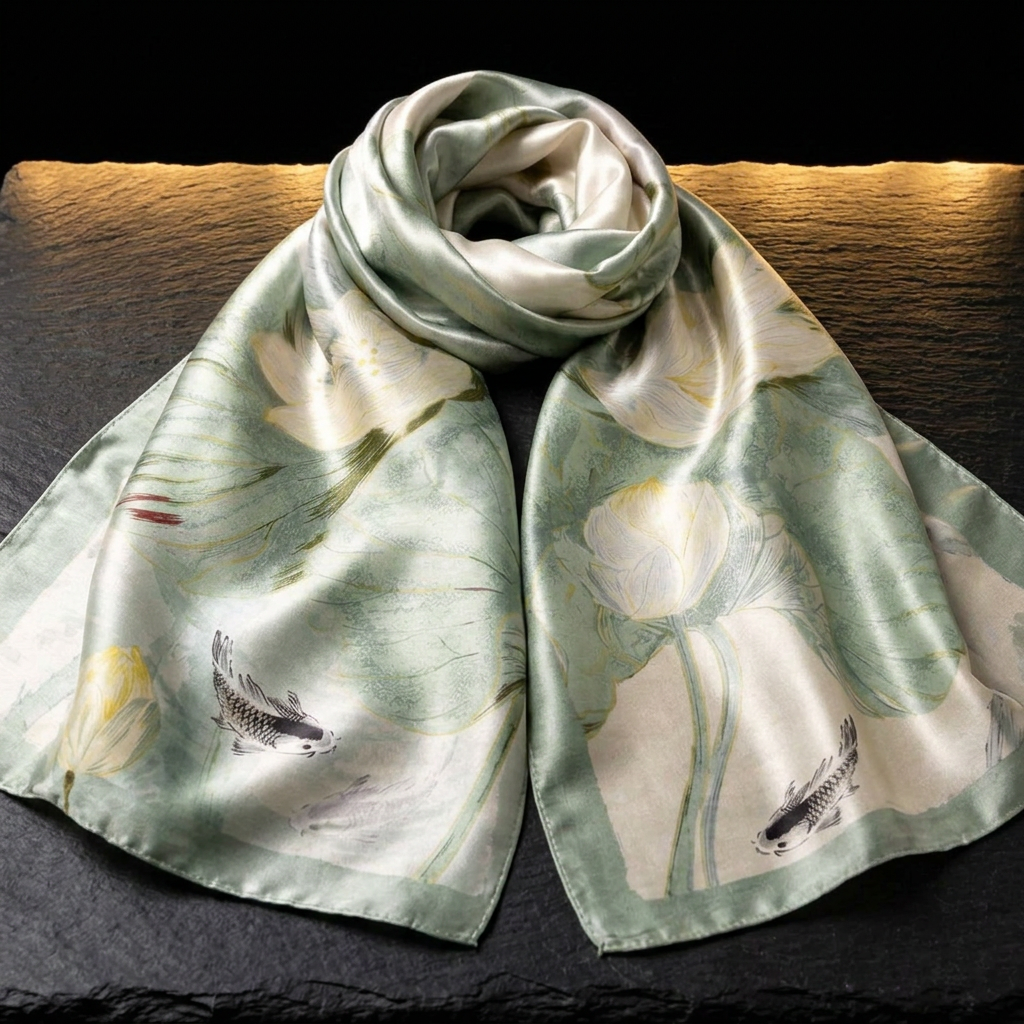 Lotus Breeze sage green mulberry silk scarf with lotus and koi print, laid flat on dark slate
