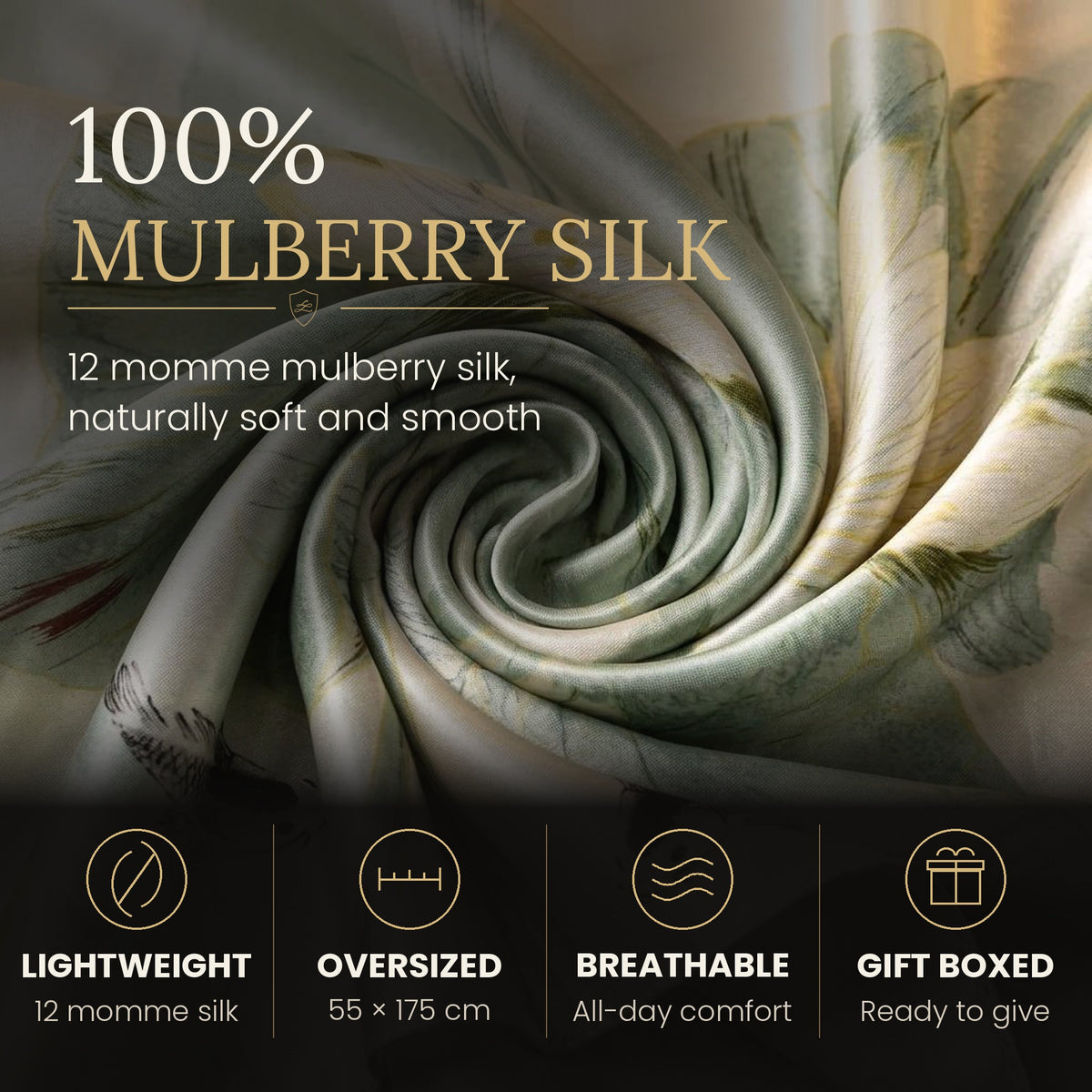 Lotus Breeze sage green 100% mulberry silk scarf close-up: 12 momme, lightweight, 55 x 175 cm, breathable, gift boxed