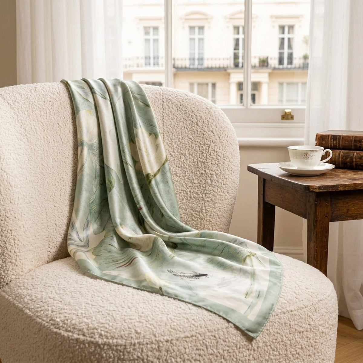 Lotus Breeze sage green silk scarf draped over a cream armchair in a London living room