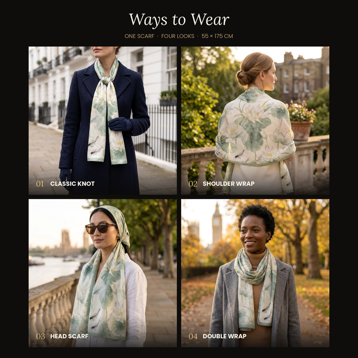 Four ways to wear the Lotus Breeze silk scarf: classic knot, shoulder wrap, head scarf and double wrap