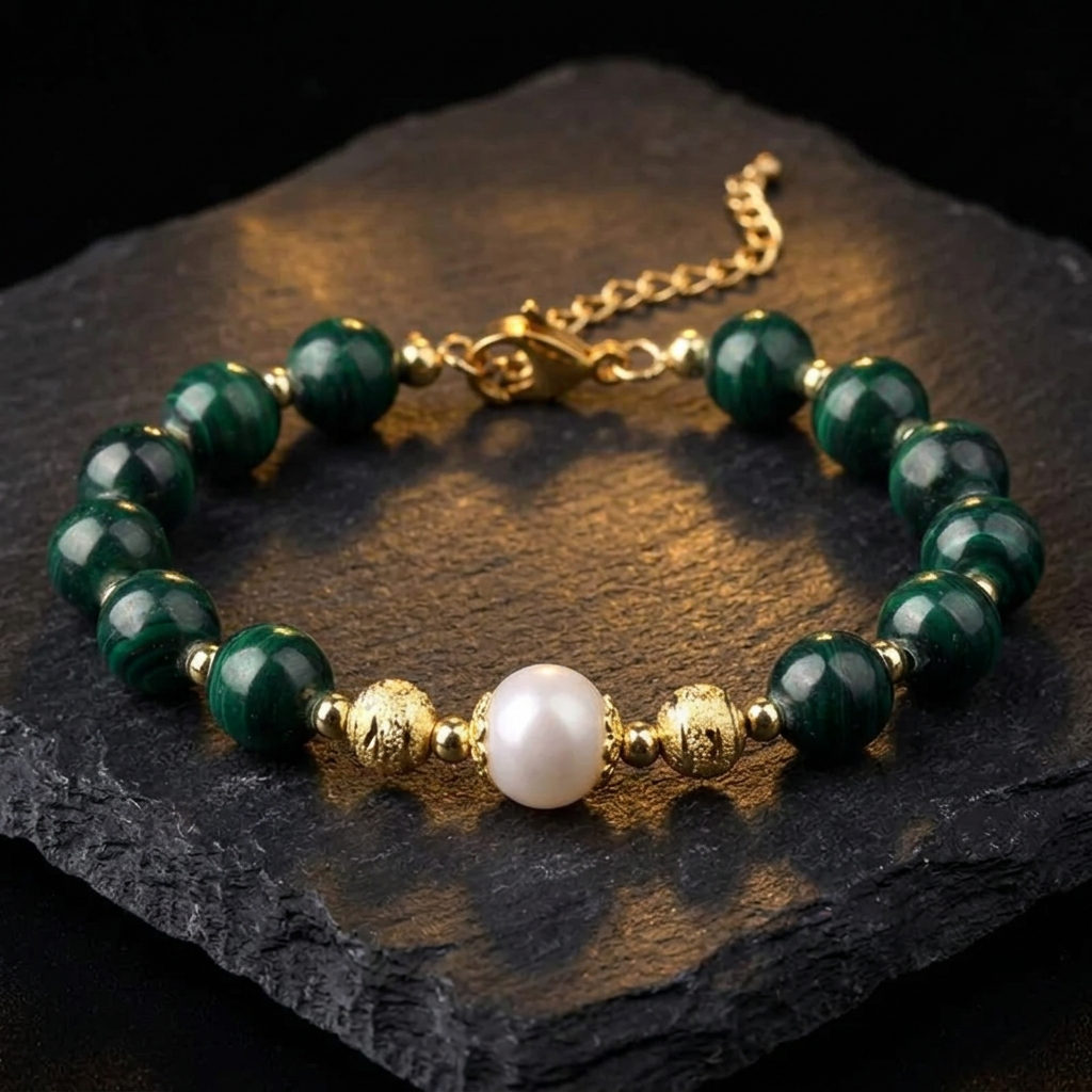 Green malachite and freshwater pearl bracelet with 18ct gold plated beads and clasp for women by Livloko London