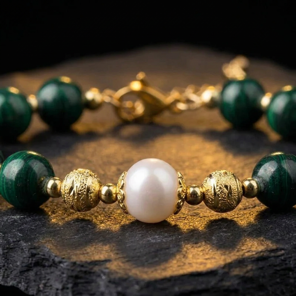 Close-up of the freshwater pearl, gold plated beads and green malachite on the Livloko London bracelet